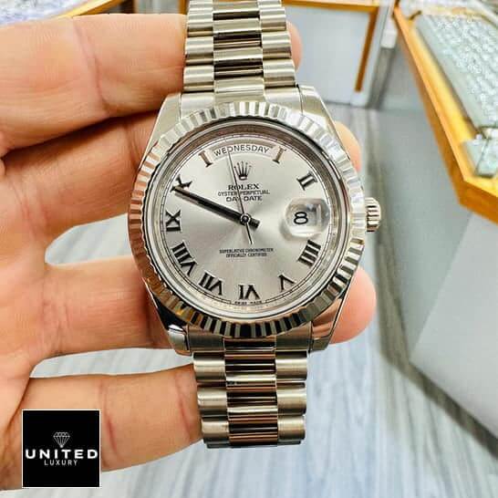 Rolex Day-Date II 218239 Grey Roman Dial Replica 3 Rolex Day-Date II white 218239 replica in the jewellery shop
