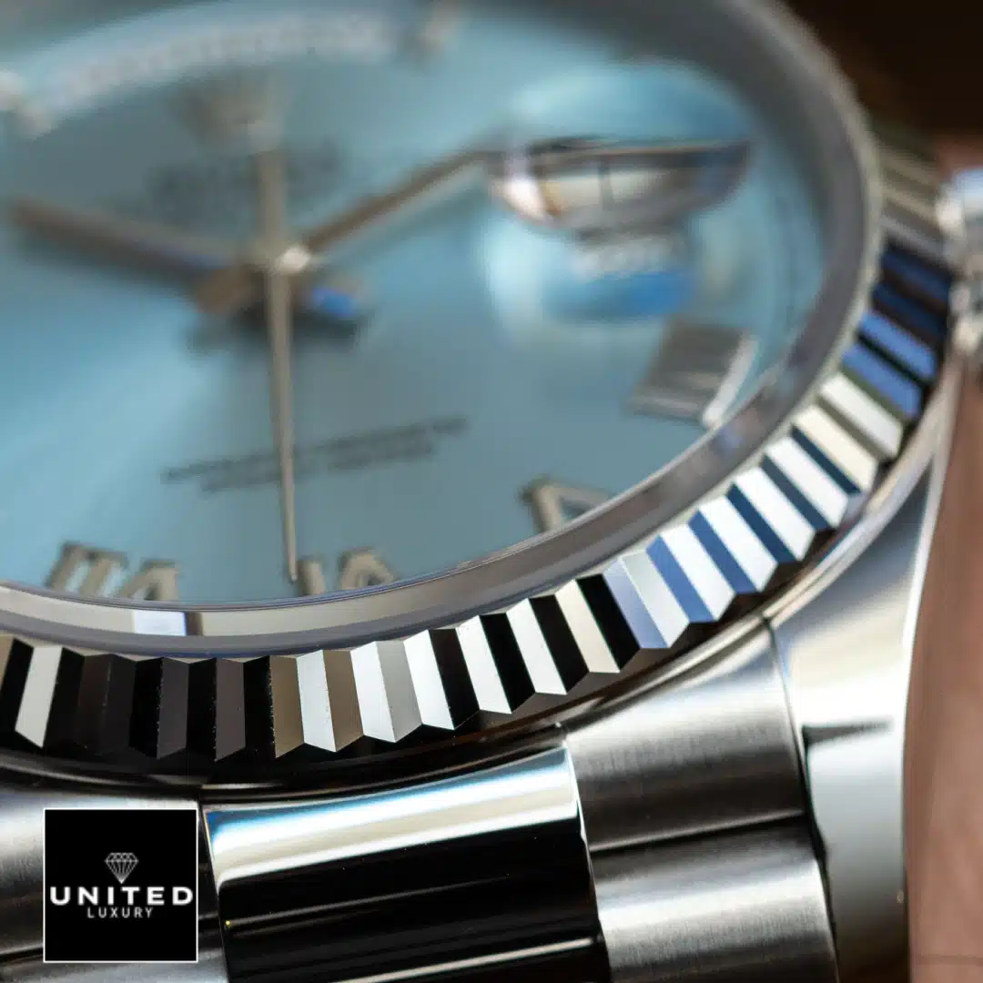 Rolex Day Date Ice Blue Grooved Replica 4 Rolex Day Date Perpetual 228236 Replica Stainless Steel Fluted bezel