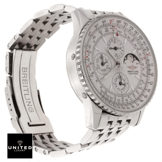 Breitling Navitimer Olympus A19340 Replica 3 Breitling Navitimer Olmpus White Dial Replica side view white background