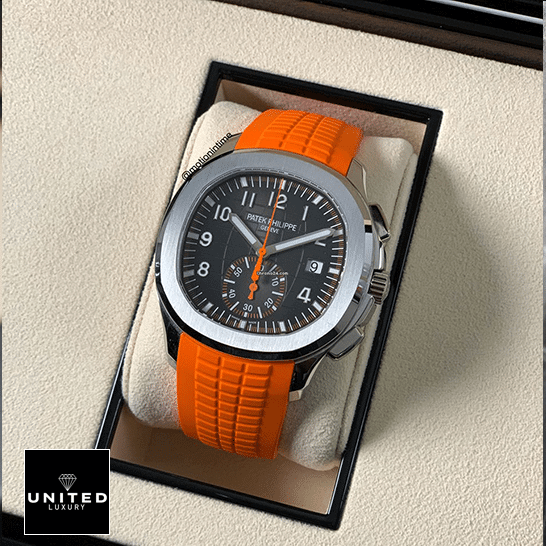 Patek Philippe Chronograph Replica 5 Patek Philippe 5968A-001 Orange Rubber Bracelet Replica in the box
