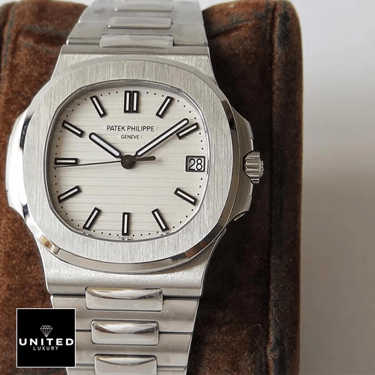 Patek Nautilus 5711/1A-011 Replica 8 Patek Philippe Geneve Nautilus 57111A-011 White Dial Replica on the stand