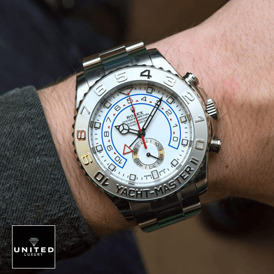 Rolex Yacht-Master II White Dial 116689-0001 Oyster Replica 5 Rolex 116689-0001 White Dial Yacht Master Replica on the wrist