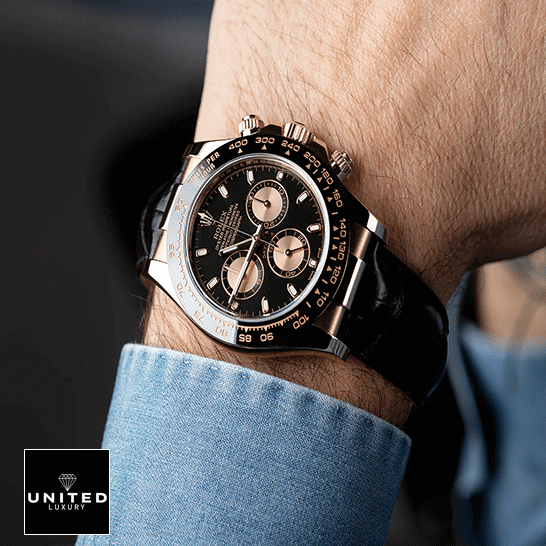Rolex Daytona 40MM Replica 1 Rolex Daytona Cosmograph 116515LNBR Black Leather Bracelet Chocolate Dial Replica on is arm
